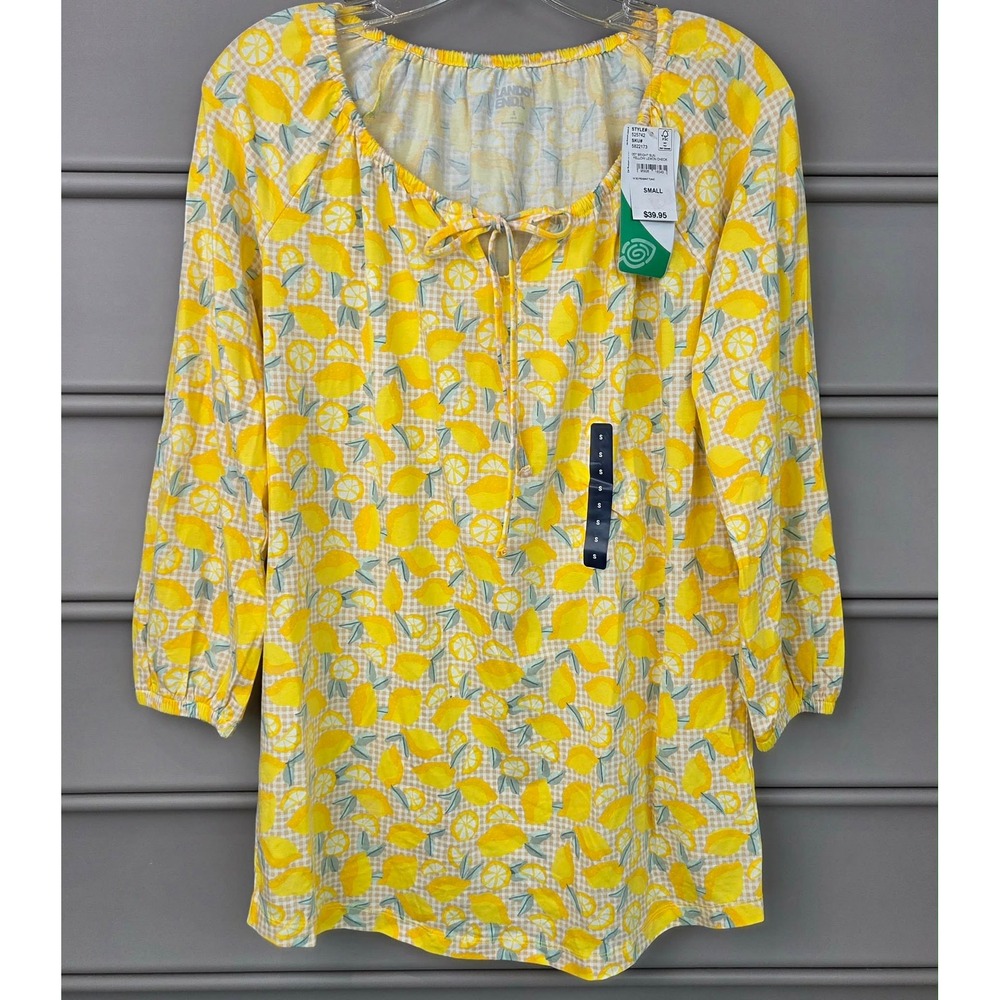 Lands End Womens Yellow Lemon Check Peasant Tunic Top 3/4 Sleeve Small NWT